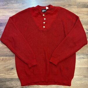 Vintage |  Red Waffle Knit Henley Sweater | Cozy Retro Pullover